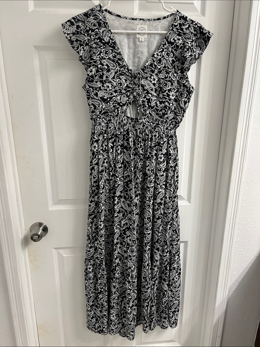 LOFT Black and White Paisley Maxi Dress with Tie Front